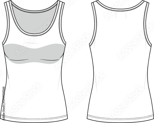 Women Scoop Neck Tank Top Technical Flat Sketch Vector Template with Built In Shelf Bra Support Front and Back View