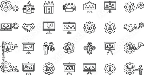 Business Management and Human Resources Icon Set Featuring Team Meetings Leadership Corporate Training Handshakes Gear Integration and Professional Collaboration Vector