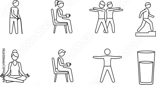 Daily Life and Wellness Stick Figure Icons Featuring Yoga Meditation Drinking Water Coffee Break Senior Care and Stretching Vector Illustration