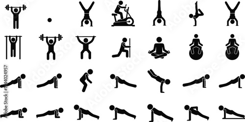 Fitness Stick Figure Icons Set Featuring Weightlifting Handstands Pushups Yoga Pullups Cycling and Various Bodyweight Training Exercise Poses Vector Illustration