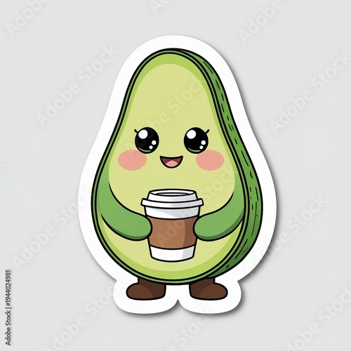 Cute Avocado Mascot Character Holding Coffee Cup in Kawaii Cartoon Style