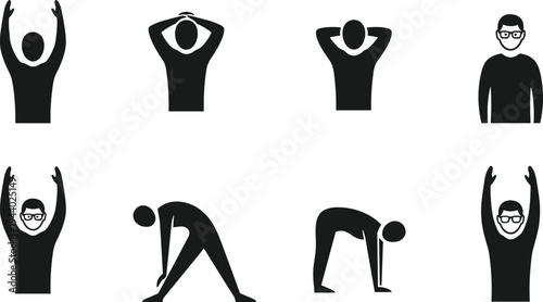 Man Stick Figure Icon Set Featuring Stretching Poses Office Workout Warm Up Exercises Arm Raises and Flexibility Training Vector Illustration