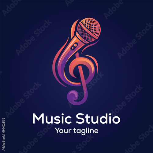 Dynamic Music Studio Logo Featuring a Stylized Microphone and Treble Clef Vibrant Gradient Colors Bold Lines Conceptual Theme of Sound Recording Performance and Creativity