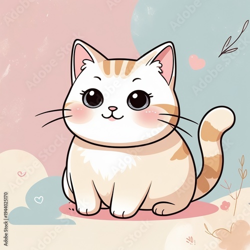 Cute Kawaii Cat Character with Plump Body in Soft Pastel Cartoon Style