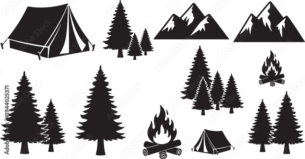 Obraz premium Camping in the mountains with trees and tents silhouette