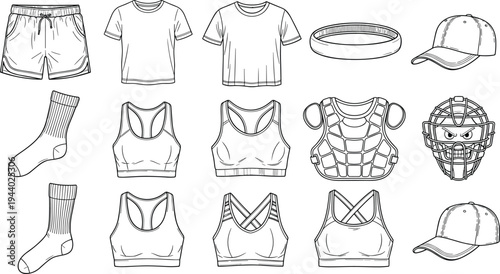 Sports Apparel and Equipment Icon Set Featuring Athletic T-Shirts Running Shorts Sports Bras Baseball Caps Socks and Protective Catcher Gear