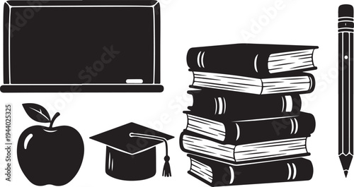 Education icons with books, apple, and graduation cap