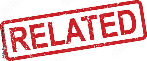 A striking red rubber stamp with a vintage distressed look prominently displaying the single word RELATED on white