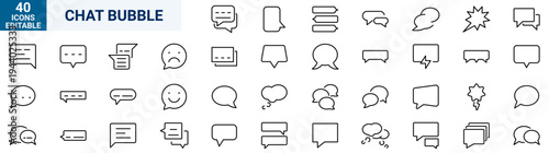 Chat communication icons set. Messaging, online conversation, mobile chat, AI chatbot, customer support, social messaging and digital communication symbols. Modern outline vector icons for apps, UI, m