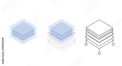 Three diagrams showing stacked glass layers or planes representing software layers, infrastructure, or data structure.