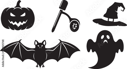 Halloween icons including pumpkin, ghost, bat, and witch silhouette