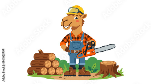 Cartoon camel lumberjack character, in a hard hat, holds a chainsaw by cut logs and a tree stump, symbolizing forestry work and the timber industry