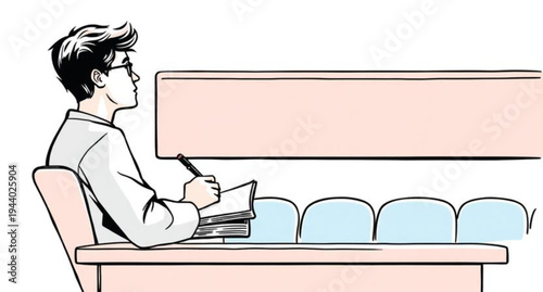 A young businesswoman or student sits at a desk in a modern office or home room working on a laptop computer illustration in a clean cartoon vector style