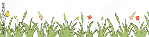 Seamless border green grass patches set, hand drawn lawn foliage pattern, decorative garden nature frame landscaping elements with flowers for spring or summer greeting cards and nursery decor