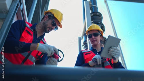 Both of engineers inspecting industrial pipeline and valve systems on a building rooftop, representing modern infrastructure and energy management