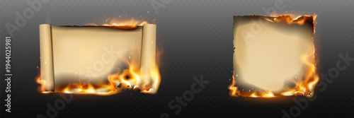 Set of burning parchment scroll and old paper sheet with realistic fire flame edges.