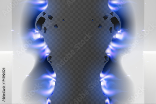 Blue energy burning paper frame with glowing plasma edges and damage effect.