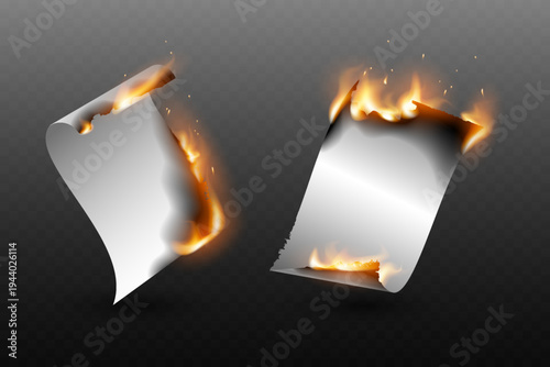 Burning paper sheets with realistic fire edges and flames damage effect set.