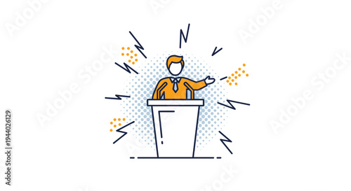 Professional speaker giving a presentation at a podium with dynamic lines and halftone dots for public speaking.