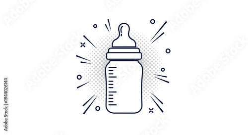 Baby feeding bottle outline illustration with measuring lines and radiating decorative elements on a white background.