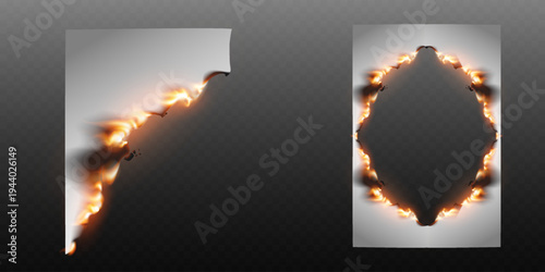Burning paper hole with glowing fire edges realistic flame damage frame effect.