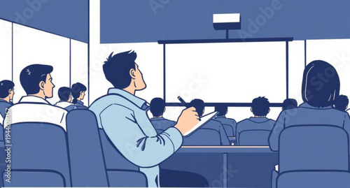 A professional young businessman in a suit is smiling while sitting with a laptop at an airport table, working efficiently among busy executive people in a modern indoor workplace