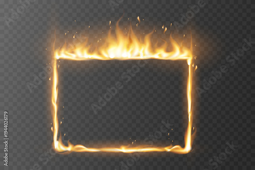 Burning fire rectangle frame with realistic flames glowing border effect.