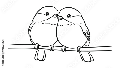 Sweet Embrace of Birds: Two charming birds, perched close on a slender branch, share a tender moment of affection in this delicate line drawing.