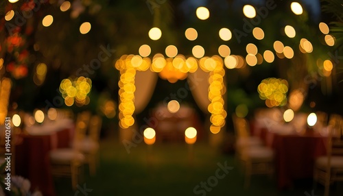 Blurred outdoor garden party night with fairy light arch candles dining tables warm golden green bokeh Eid celebration backdrop