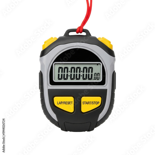 Digital Stopwatch with Yellow Buttons and Red Lanyard for Timing Sports, Races, and Fitness Activities isolated PNG with Transparent Background