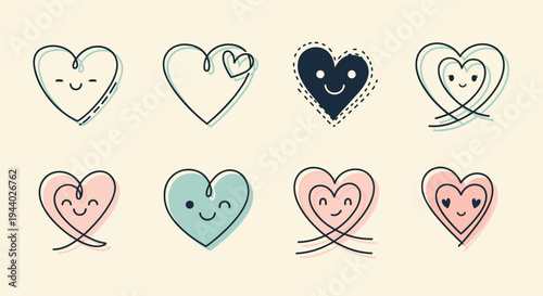 Adorable collection of heart characters with cute faces and expressive lines for romantic or friendly designs.