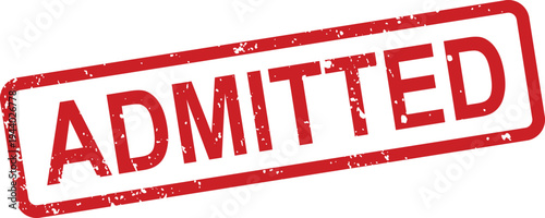 A textured red grunge rubber stamp with the bold word Admitted prominently displayed on a solid white canvas