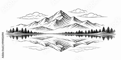 Snowy mountain landscape with lake, forest trees, clouds and blue sky in winter vector illustration inspired by alpine nature