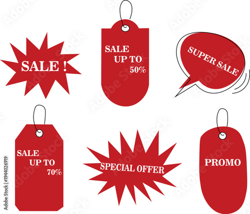 Collection of red promotional tags and badges in red with white text  commonly used for retail marketing.
