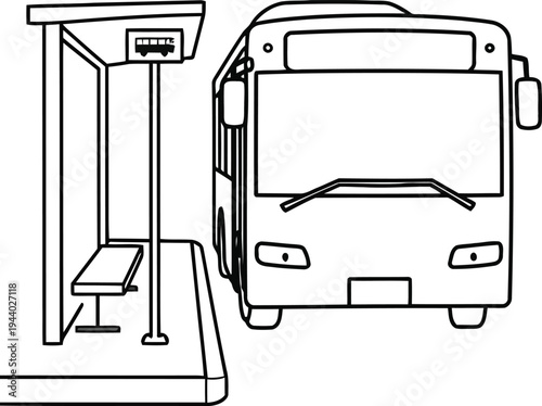 Bus Stop with City Bus Vector – Public Transportation Line Art Illustration.