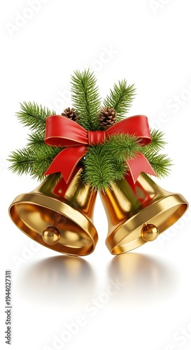 Festive Golden Christmas Bells with Pine and Ribbon – Holiday Ornament Isolated PNG