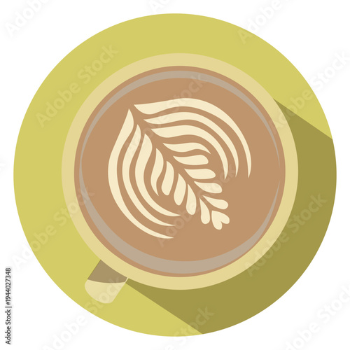 Top View Flat Design Latte Art Coffee in Yellow Cup with Rossetta Leaf Pattern, Minimalist Cafe Beverage Icon with Long Shadow