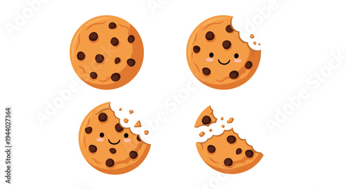 Set of delicious chocolate chip cookie characters with sweet smiles and different bite marks for snacks.