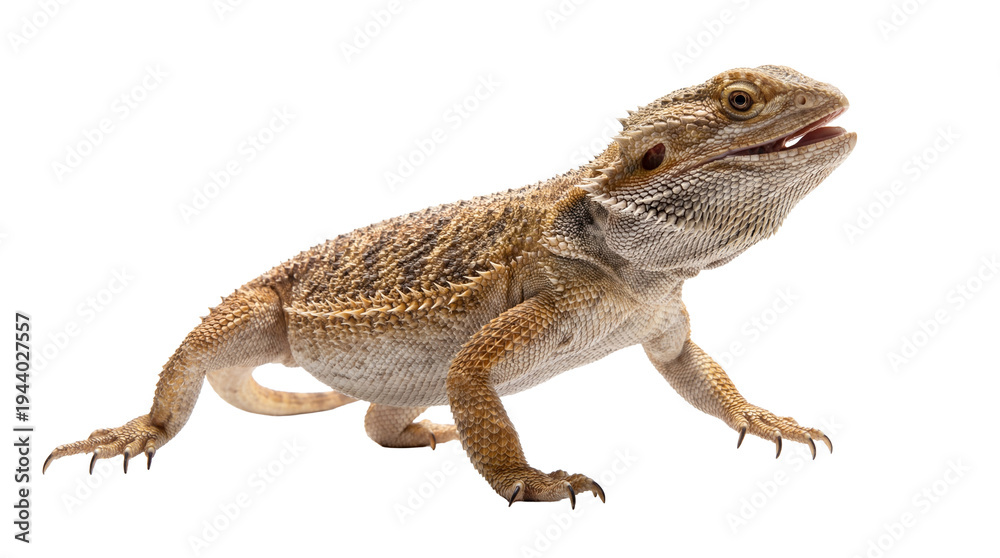 Fototapeta premium A close-up studio photograph of a bearded dragon lizard with its mouth slightly open on white background.