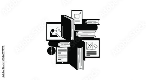 black and white illustration of chaotic office workspace with computer and paperwork