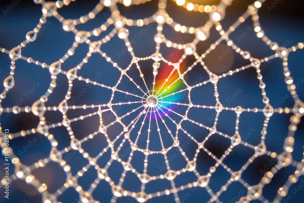 Obraz premium A close-up of a spider web adorned with dew drops reflecting light, creating a vibrant rainbow effect at the center.