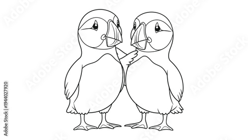 Puffin Outline: Two adorable puffin stand side by side, presented as a clear and simple outline illustration, perfect for coloring or educational projects.