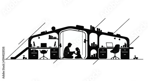 black and white office interior with people working