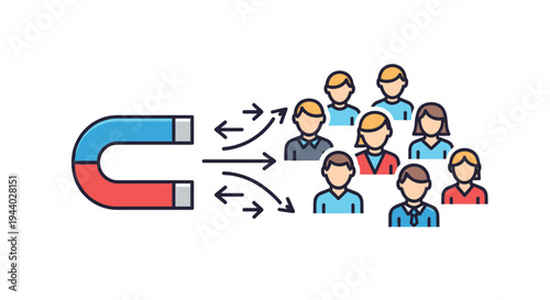 Horseshoe magnet attracting a group of people illustrates customer acquisition, lead generation, and effective marketing strategies.
