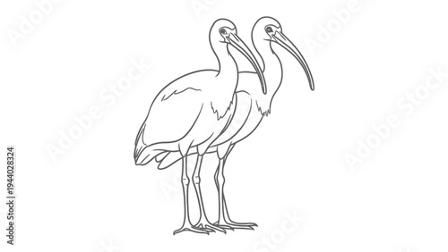 Two Ibis Birds Drawing: A simple line drawing of two ibis birds standing side-by-side, showcasing their distinctive long, curved beaks.