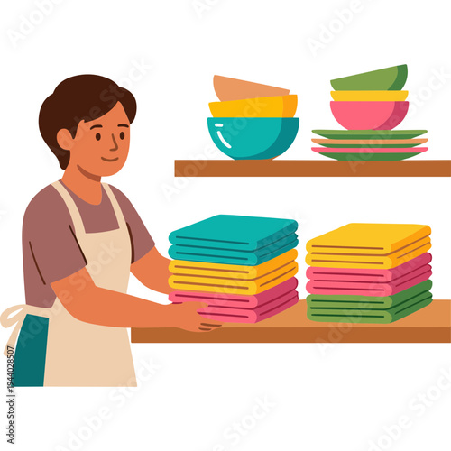 A woman arranges colorful towels and dishes on shelves indoors.