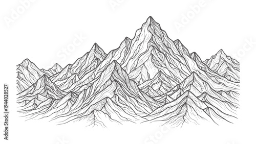 Black and white line of a rugged mountain range peaks