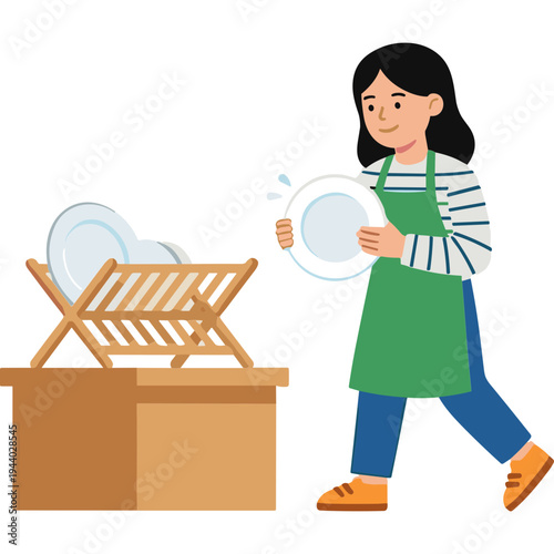 Woman holding plate next to dish rack on table indoors