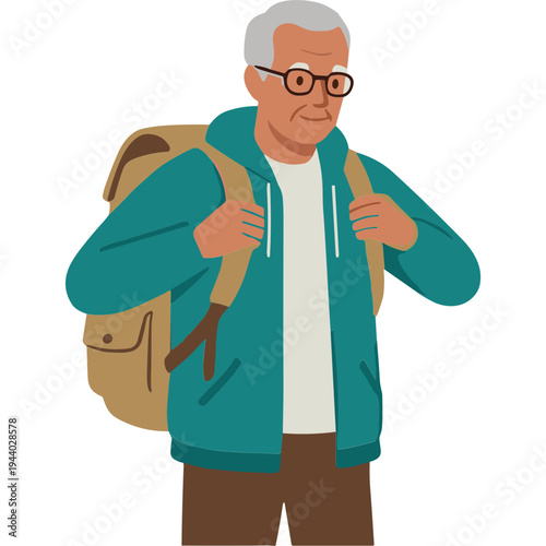 An elderly man wearing a backpack and glasses is standing indoors.
