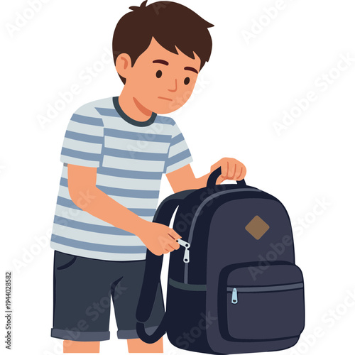 A young boy excitedly zips up his backpack outdoors on a sunny day.